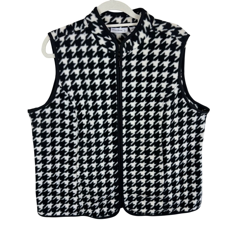 Susan Graver Womens XL Fleece Vest Black White Houndstooth Full Zip Mock Neck
